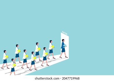 Business opportunity or career success vector concept with woman walking enter door. Symbol of courage, ambition, having a goal, inspiration.
