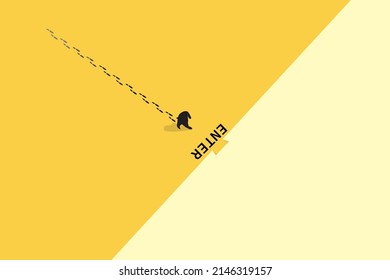 Business opportunity or career success vector concept with man walking enter door. Symbol of courage, ambition, having a goal, inspiration.