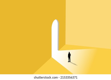 Business opportunity or career success vector concept with man walking enter door. Symbol of courage, ambition, having a goal, inspiration.