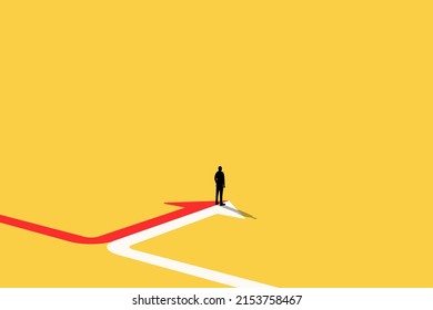 Business opportunity or career success vector concept with man standing on arrow. Symbol of courage, ambition, having a goal, inspiration.