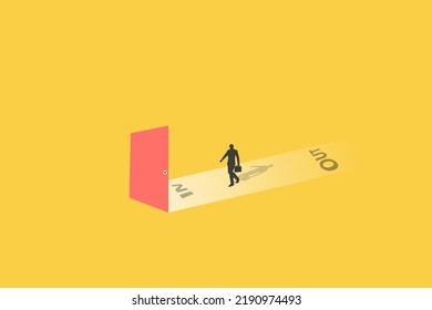 Business opportunity or career success vector concept with businessman walking entry door. Symbol of courage, ambition, having a goal, inspiration.