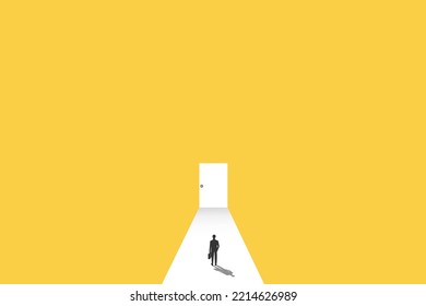 Business opportunity or career success vector concept with man standing in front of enter door. Symbol of courage, ambition, having a goal, inspiration.