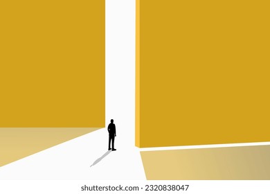 Business opportunity or career success vector concept with man walking enter door. Symbol of courage, ambition, having a goal, inspiration