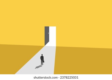 Business opportunity or career success vector concept with man walking enter door. Symbol of courage, ambition, having a goal, inspiration