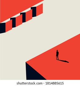 Business opportunity or career vector concept with man looking at open doors. Minimalist art style. A symbol of achievement, challenge, success, chance, new beginning.