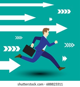 Business Opportunity Concept Designed As A Businessman Is Running Forward In High Speed Along With White Arrows. He Is Straight To New Opportunity With Full Motivation, Attempt, And Encouragement.