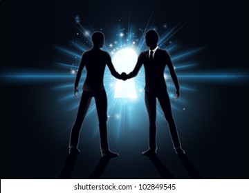 Business opportunity concept, business men shaking hands with keyhole in the background