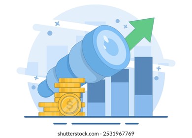 \business opportunity concept. vision and future. seeking profit and money. a visionary seeks opportunities and chances to succeed using a telescope. flat vector illustration on background.