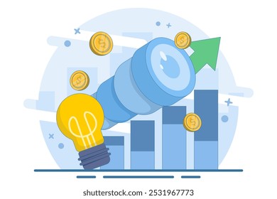 \Concepto de oportunidad de negocio. Visión y futuro. Buscando ganancias y dinero. Un visionario busca oportunidades y oportunidades para tener éxito utilizando un telescopio. Ilustración vectorial plana en el fondo.