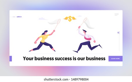 Business Opportunity Creative Idea Website Landing Page. Businesspeople Catching Flying Dollar Sign with Butterfly Net. Financial Income Source Search Web Page Banner. Cartoon Flat Vector Illustration