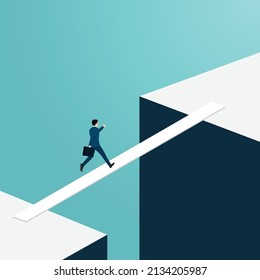 Business opportunity and decision concept, businessman walking across next career. businessman walk on dangerous improvised bridge, Symbol of success, goal, achieve challenges.vector illustration flat