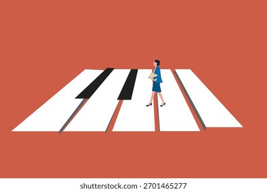 Business opportunity and decision vector concept with business woman walking on piano. Symbol of objective, goal, targets, challenge. Eps10 illustration.