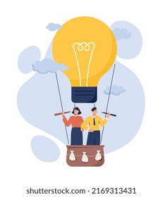 Business opportunity discovery. Man and woman in air balloon with spyglass. Leadership and goal setting metaphor, start up and partners with idea, light bulb. Cartoon flat vector illustration