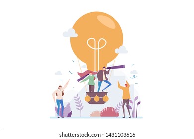 Business Opportunity Discovery Vector Illustration Concept With Peoples Riding On A Light Bulb Air Balloon, Suitable for landing page, ui, web, app intro card, editorial, flyer, and banner.