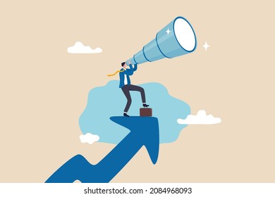 Business opportunity or investment and market prediction, future growth or career development vision, profit and earning forecast concept, businessman climb up rising arrow with big telescope spyglass