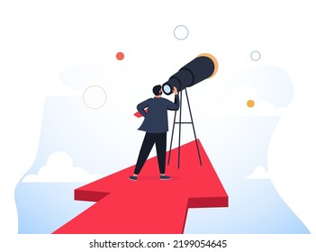 Business opportunity or investment and market prediction, future growth or career development vision, profit and earning forecast concept, businessman climb up rising arrow with big telescope spyglass