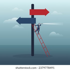 Business opportunity or investment and market prediction, future growth or career development vision, profit and earning forecast concept, businessman climb up ladder with telescope.