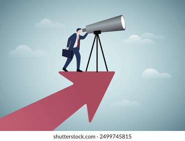 Business opportunity or investment and market prediction, future growth or career development vision, profit and earning forecast concept, businessman climb up rising arrow with big telescope spyglass