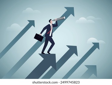 Business opportunity or investment and market prediction, future growth or career development vision, profit and earning forecast concept, businessman climb up rising arrow with big telescope spyglass