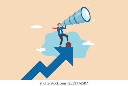 Business opportunity, investment and market prediction, future growth or career development vision, profit and earning forecast concept, businessman climb up rising arrow with big telescope spyglass