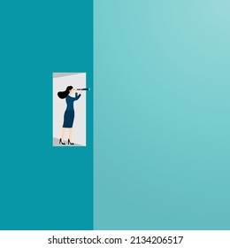 Business opportunity and leader woman concept, businesswoman holding binocular looking to successful career, Symbol of success, goal, achievement, challenges. vector illustration flat