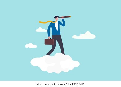 Business opportunity, leadership vision to see company strategy to achieve target concept, smart businessman riding high cloud holding telescope or binocular to search for business visionary.