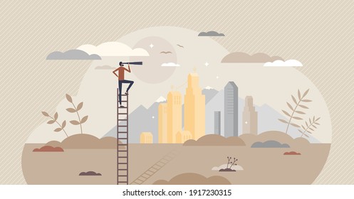 Business opportunity searching and looking in future tiny person concept. Company leader strategy vision and ambition progress for professional work vector illustration. Planning your job goal path.