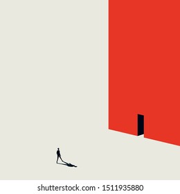 Business opportunity or solution vector concept with businessman walking towards door. Minimalist art style. Symbol of challenge, future, direction. Eps10 vector illustration.