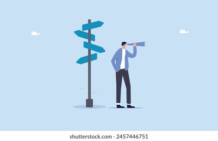 Business opportunity or success way, make decision or career path, search for right direction, vision to see future concept, smart businessman look through spyglass or binoculars to discover solution.