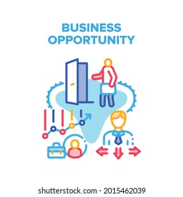 Business Opportunity Vector Icon Concept. Business Opportunity And Choosing Company Way, Entrepreneur Increase Wealth And Profit. Businessman Possibility Opening Door Color Illustration