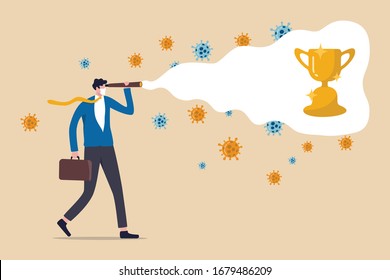 Business opportunity vision and leadership in COVID-19 Coronavirus crisis concept, Confident businessman holding telescope visioning the champion winning cup among virus pathogens.