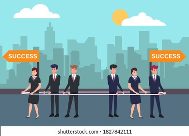 Business opposite vector concept: Different business team in a rope walking opposite toward their success