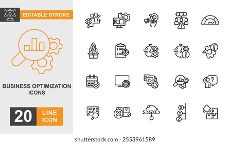 Business optimization line editable icon set. Analyzing, aspirations, marketing, planning, solution and more line icons.