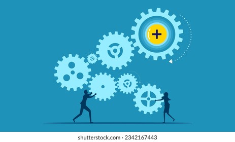 Business optimization process. Business men and women connecting gear drive mechanisms 
