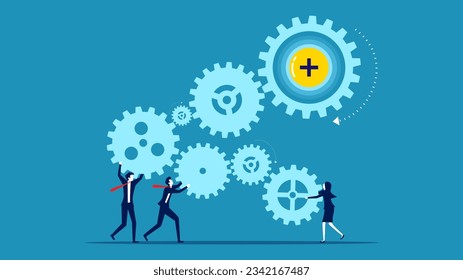 Business optimization process. Business team connecting gear drive mechanism 
