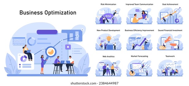 Business Optimization Set. Diverse professionals analyze data, mitigate risks, and communicate for efficiency. Web analytics insights. Financial investment decisions. Team collaboration. Flat vector.