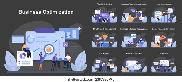 Business Optimization Set. Diverse professionals analyze data, mitigate risks, and communicate for efficiency. Web analytics insights. Financial investment decisions. Team collaboration. Flat vector.