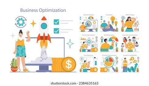 Business Optimization set. Professionals enhancing workflow, boosting profits. Situation analysis, innovative approaches, risk management, improved teamwork. Growth and success metrics. Flat vector