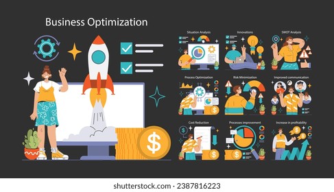 Business Optimization set. Professionals enhancing workflow, boosting profits. Situation analysis, innovative approaches, risk management, improved teamwork. Growth and success metrics. Flat vector