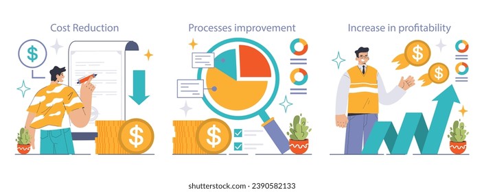 Business Optimization set. Professionals navigating financial growth. Cost reduction, streamlined processes, and enhanced profitability. Strategy in action. Flat vector illustration