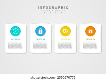 Business options infographic template White square with multi-colored dotted outline. The multi-colored circle top has an icon in the middle, the bottom has text on a gray gradient background.