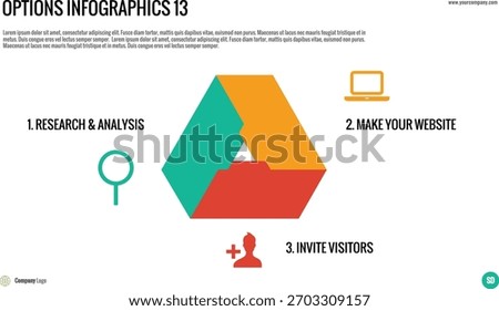 Business Options Infographic - Triangle Flow. Visualize project phases like research, website development, and visitor engagement with this triangle flow diagram