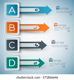 Business options infographics with colorful four squares arrows text icons on striped blue background isolated vector illustration