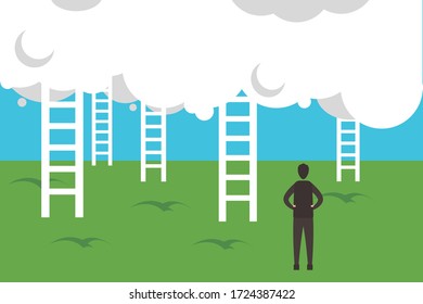 Business options vector concept: Back view of a confused businessman trying to choose which the right ladder to climb to achieve success 