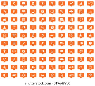 Business orange message icons set, images in filled chat bubbles on white background