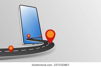 Business of ordering and transporting goods online to customers, Red pin on the road Displaying travel directions via mobile phone, Example of GPS or map on Smartphone. Vector illustration set 2