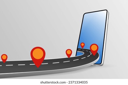 Business of ordering and transporting goods online to customers, Red pin on the road Displaying travel directions via mobile phone, Example of GPS or map on Smartphone. Vector illustration set 1