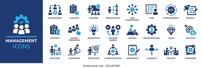 Business or organisation management icon set. Containing manager, teamwork, strategy, marketing, business, planning, training, employee icons. Solid icons vector collection. - Shutterstock ID 2211337007
