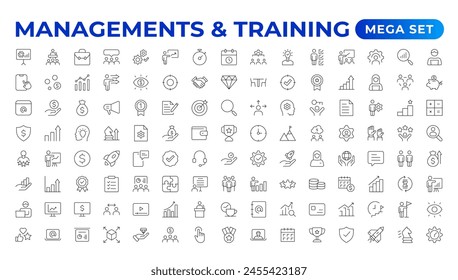 Business or organisation management icon set. Containing manager, teamwork, strategy, marketing, business, planning, training, employee icons. Solid icons vector collection. outline icon collection.