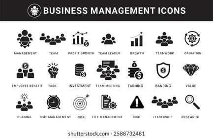 Business or organisation management icon set. Containing manager, teamwork, strategy, marketing, business, planning, training, employee icons. Solid icons vector collection. 